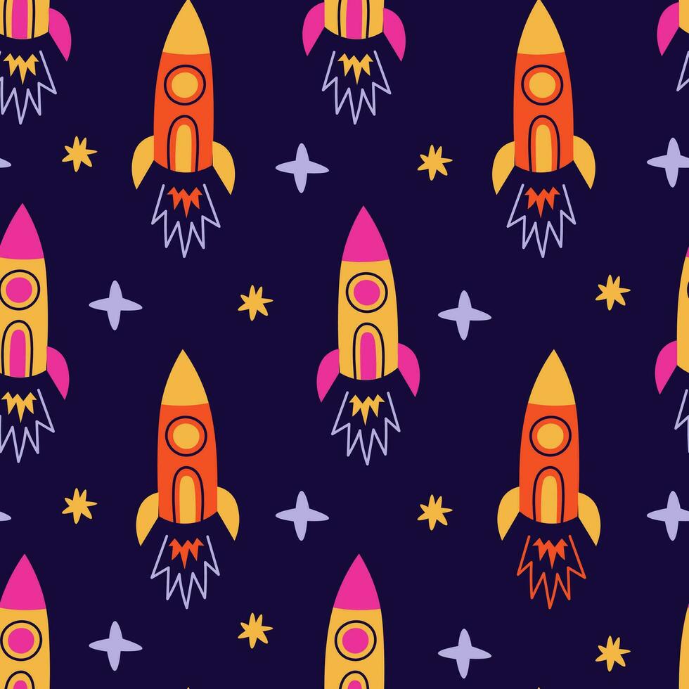 Colorful space seamless pattern with rocket and stars vector