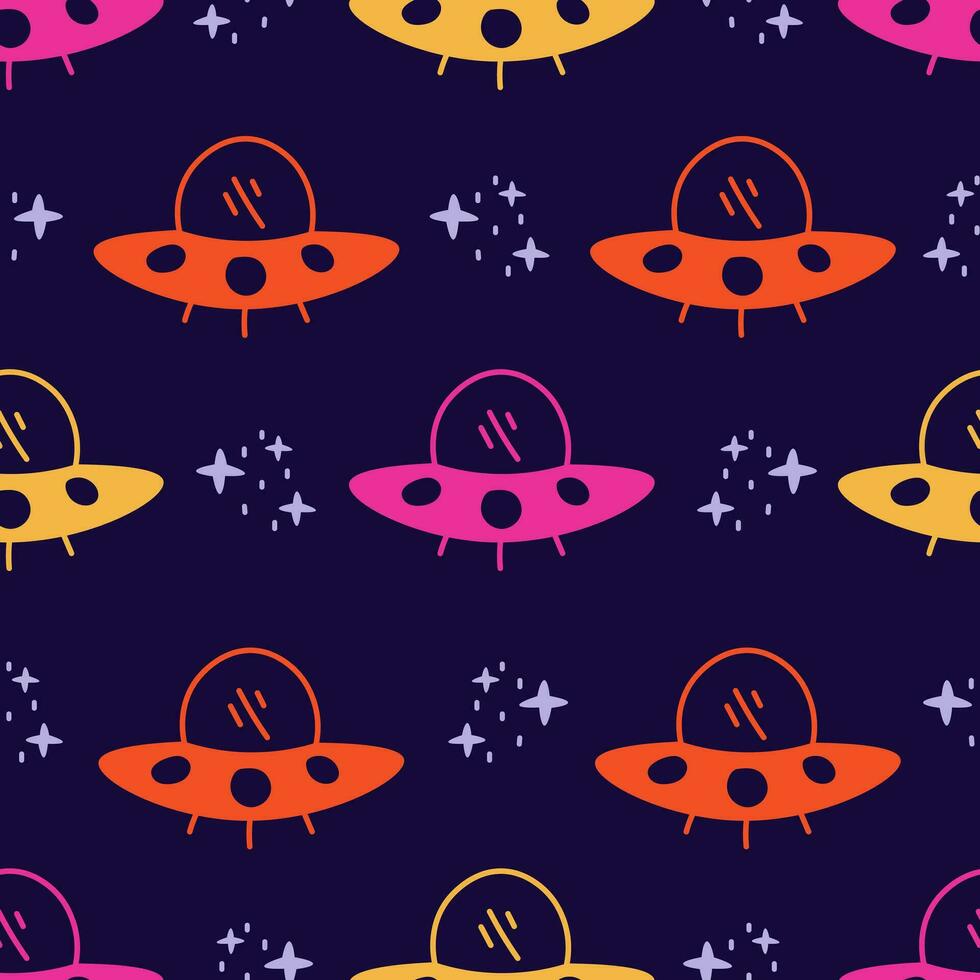 Space seamless pattern with flying saucer and stars vector