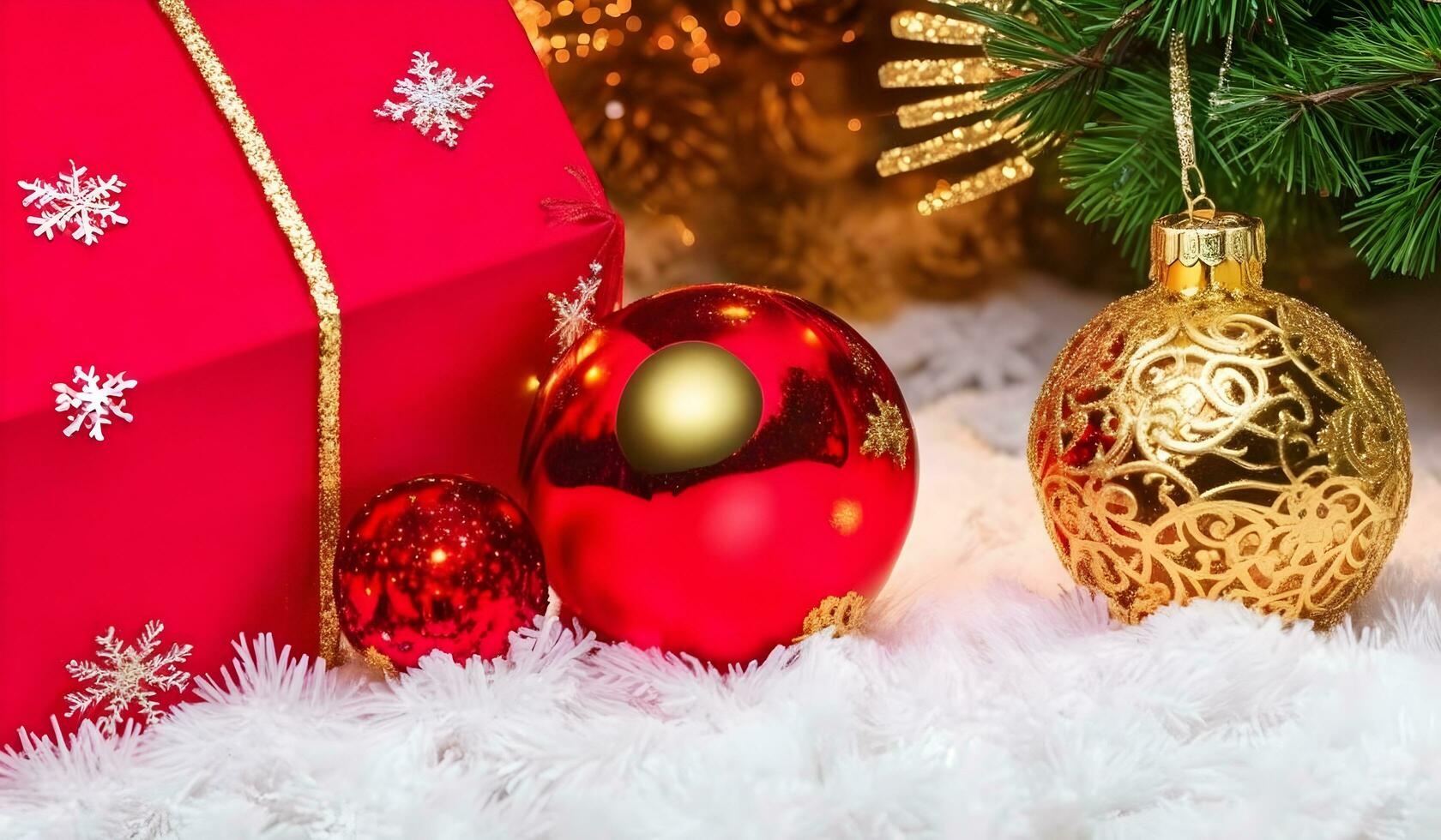 Red Christmas gift box and baubles on background golden lights ai generative photo