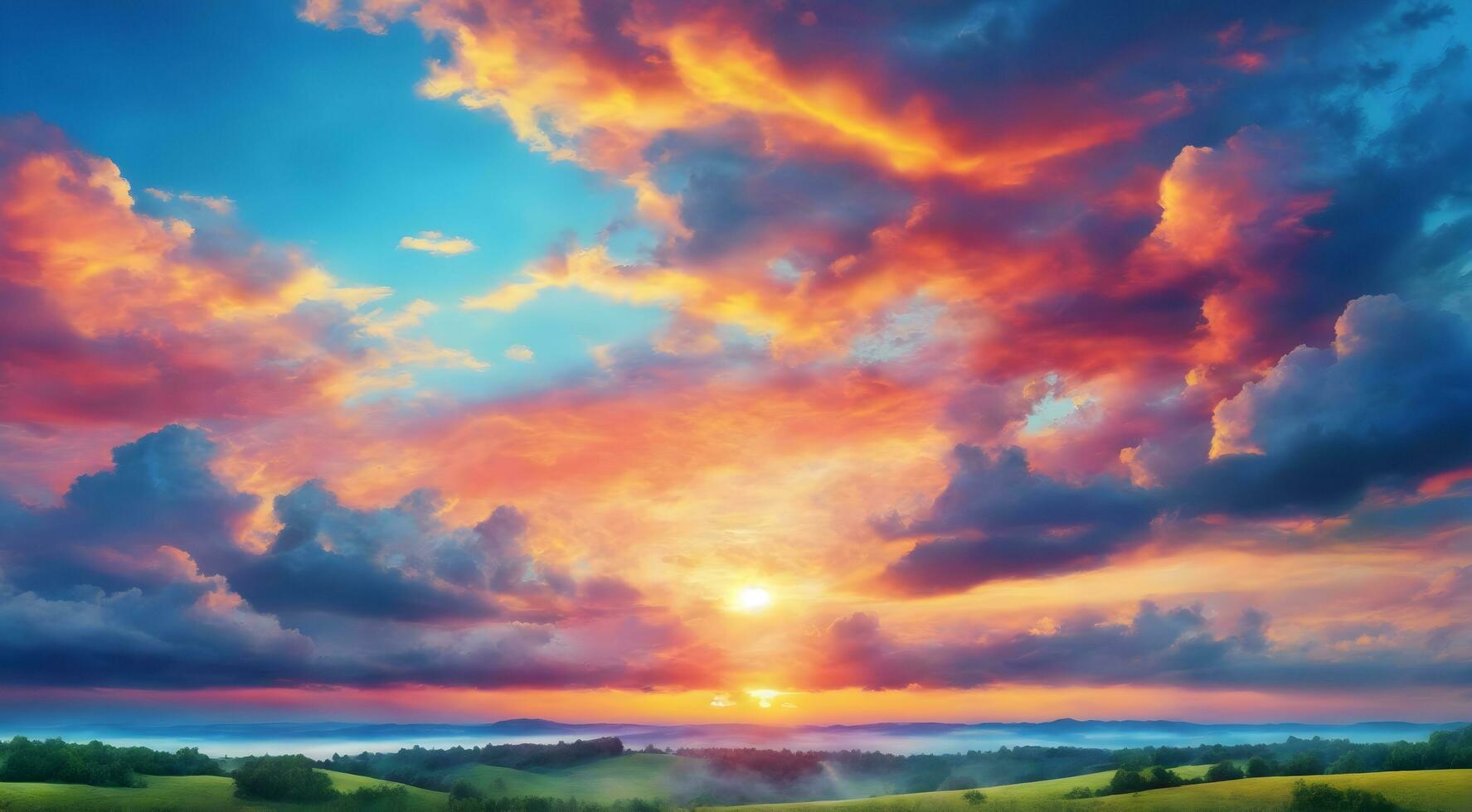 Beautiful Nature Sunrise Summer Landscape Blue Sky Natural Background ai generative photo