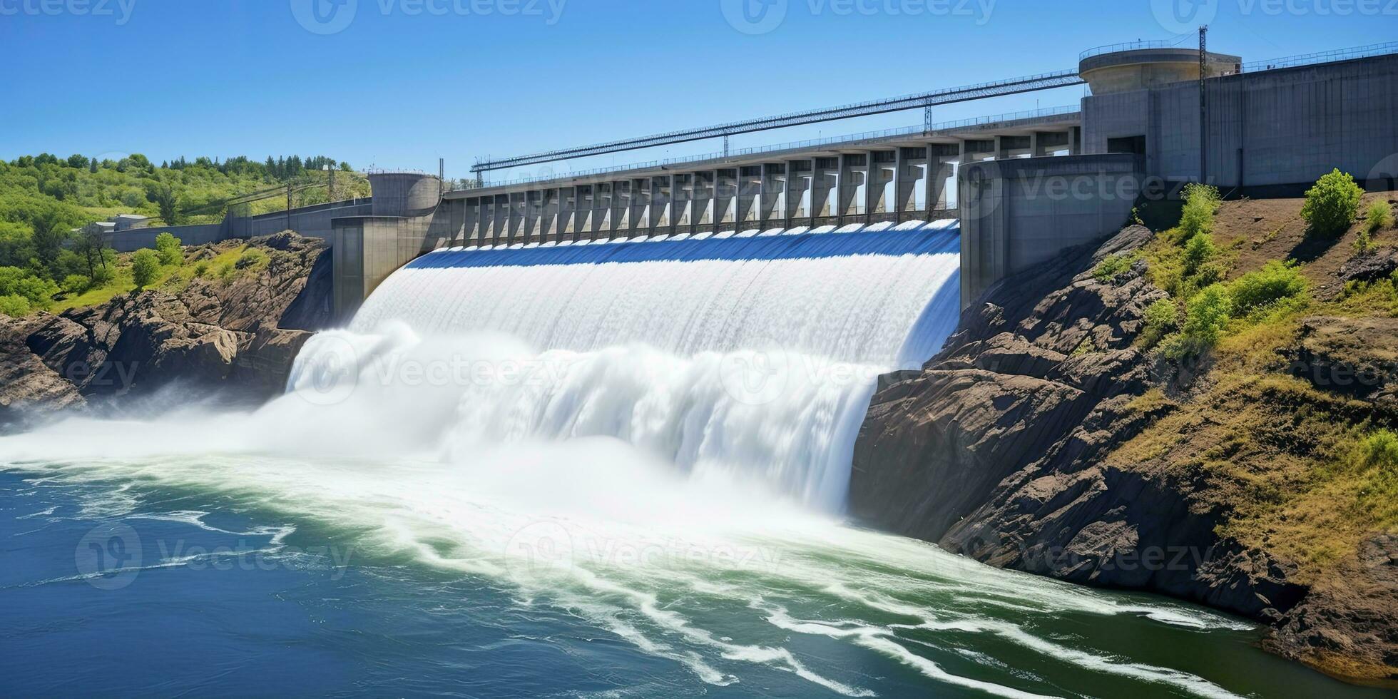Hydroelectric dam generating green energy from flowing water.   AI Generated. photo