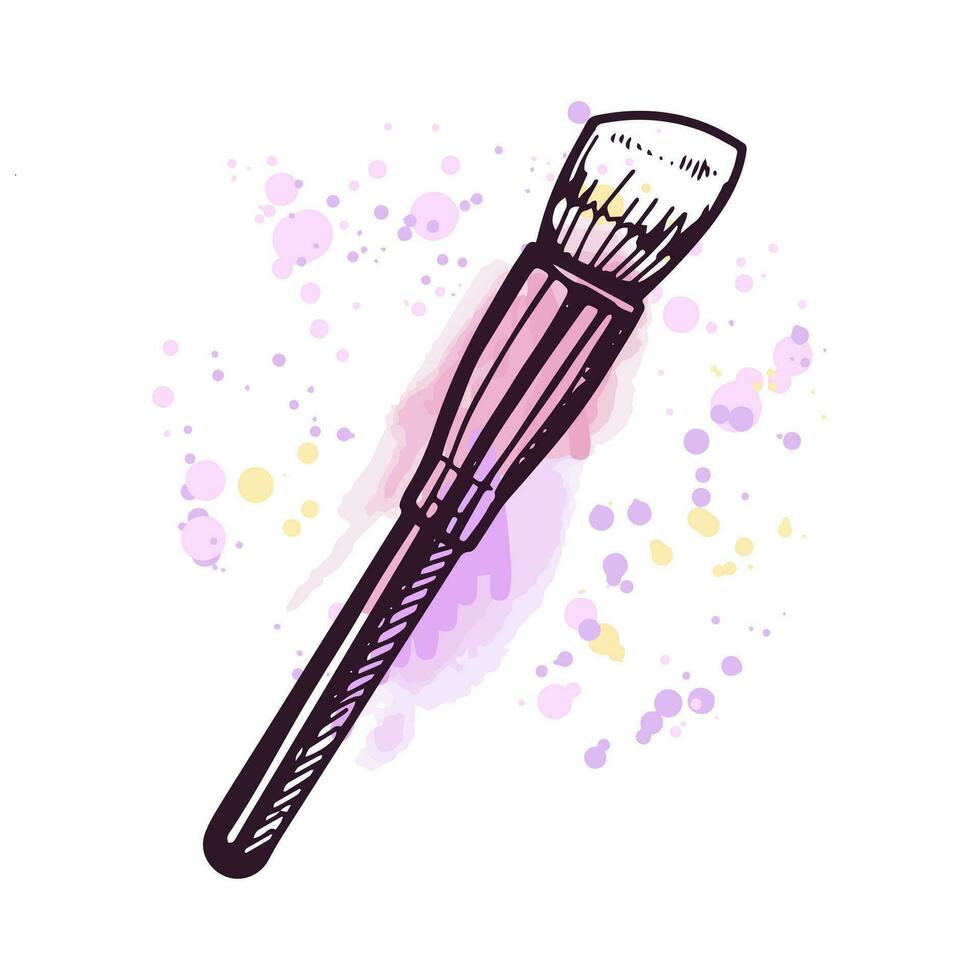 Hand-drawn cosmetic brush, beauty cosmetic element, self care. Illustration on a watercolor pastel background with splashes of paint. Useful for beauty salon, cosmetic store, makeup. Doodle sketch. vector