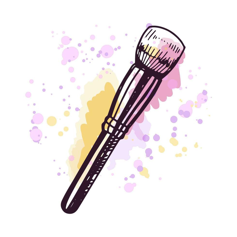 Hand-drawn cosmetic brush, beauty cosmetic element, self care. Illustration on a watercolor pastel background with splashes of paint. Useful for beauty salon, cosmetic store, makeup. Doodle sketch. vector