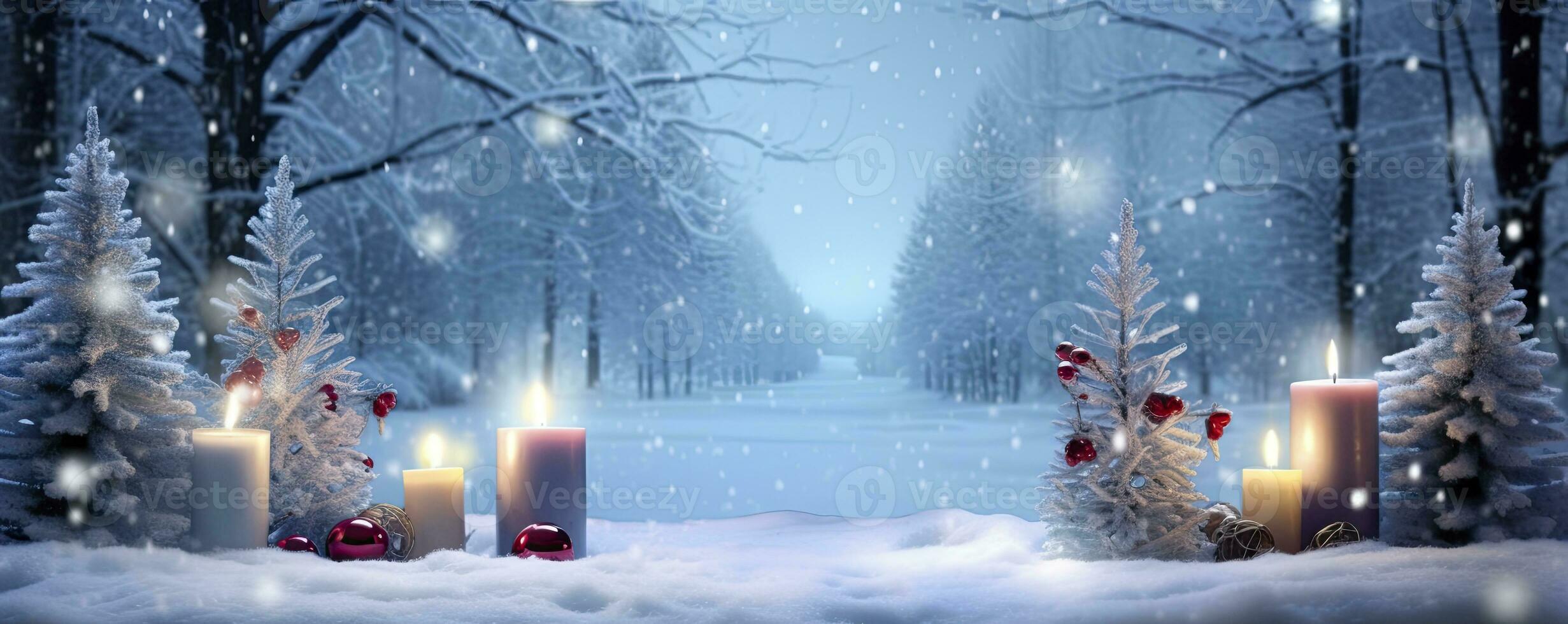 Winter Forest Landscape With Burning Candles Christmas Decoration. AI Generated photo