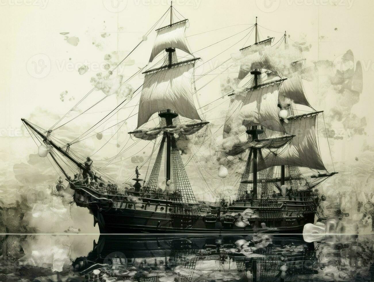 Ancient sailing ship at sea, Hand drawn illlustration in the engraving style, AI Generated photo