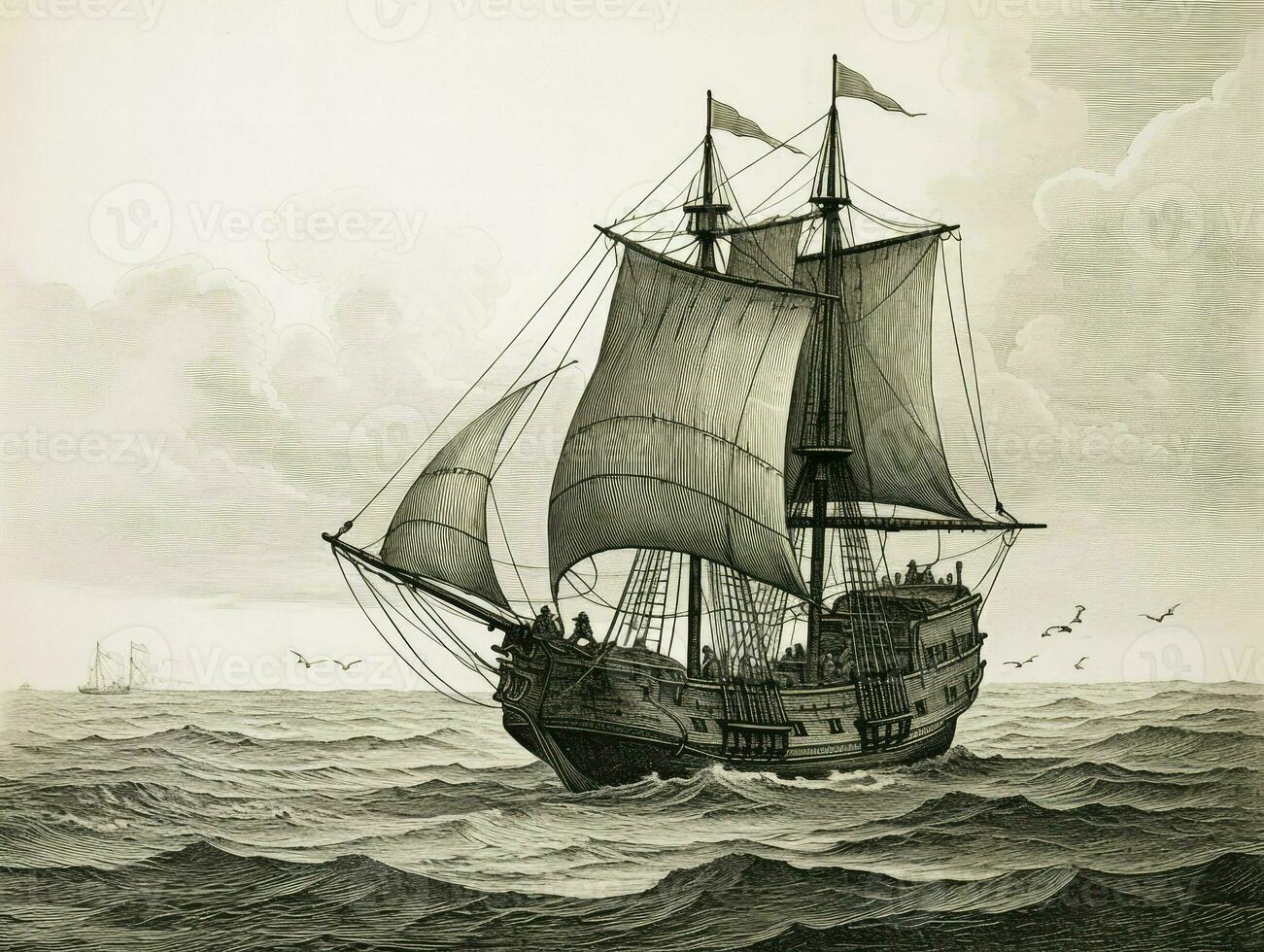 Ancient sailing ship at sea, Hand drawn illlustration in the engraving style, AI Generated photo
