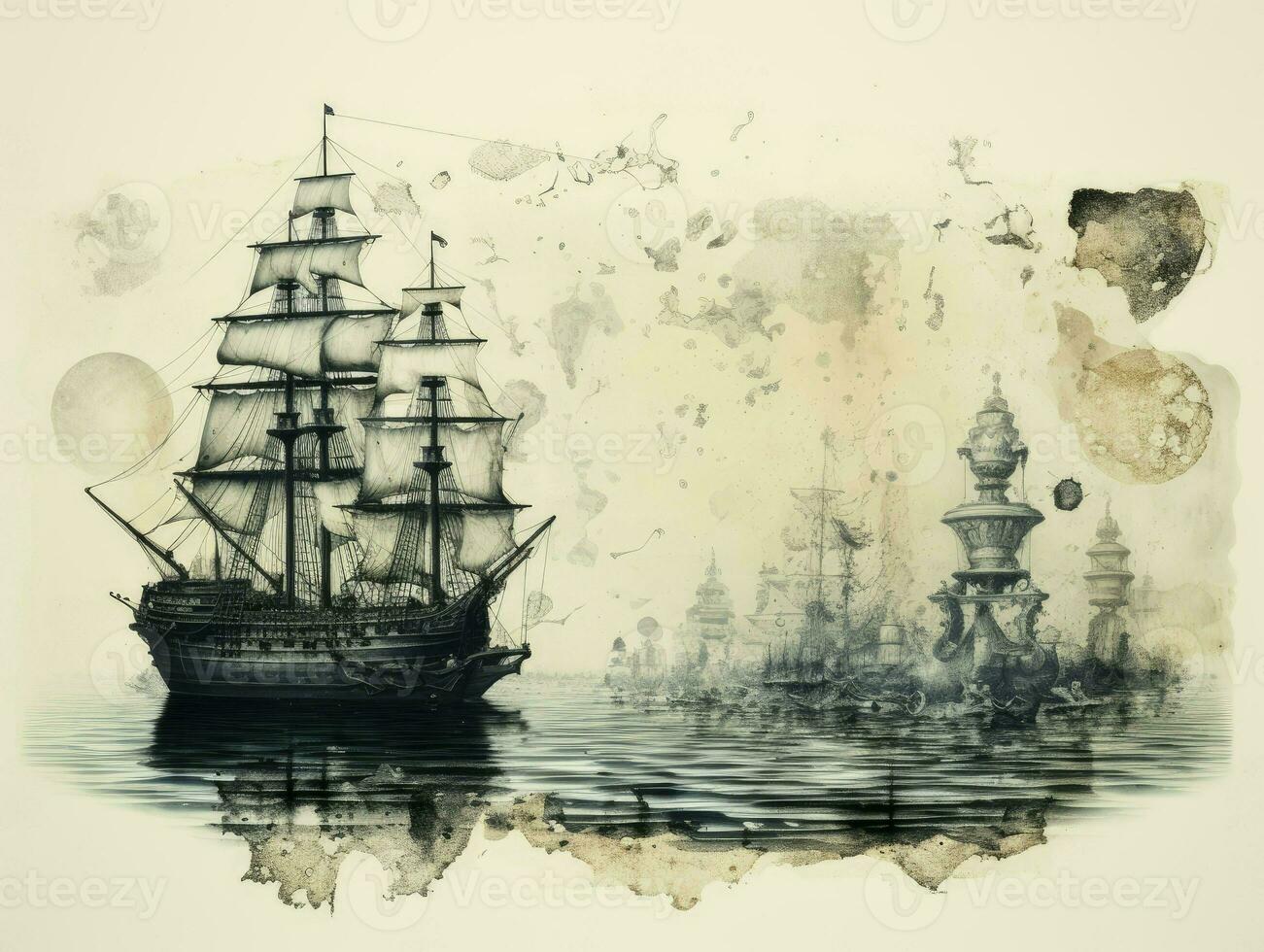 Ancient sailing ship at sea, Hand drawn illlustration in the engraving style, AI Generated photo