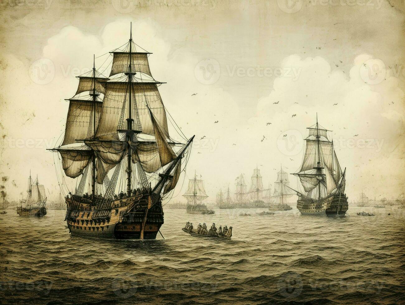 Ancient sailing ship at sea, Hand drawn illlustration in the engraving style, AI Generated photo