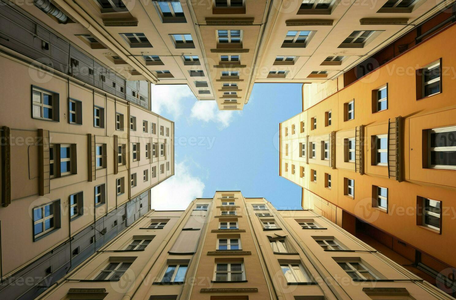 Image of a skyscrapers looking up, Looking up at business buildings in downtown, AI Generated photo