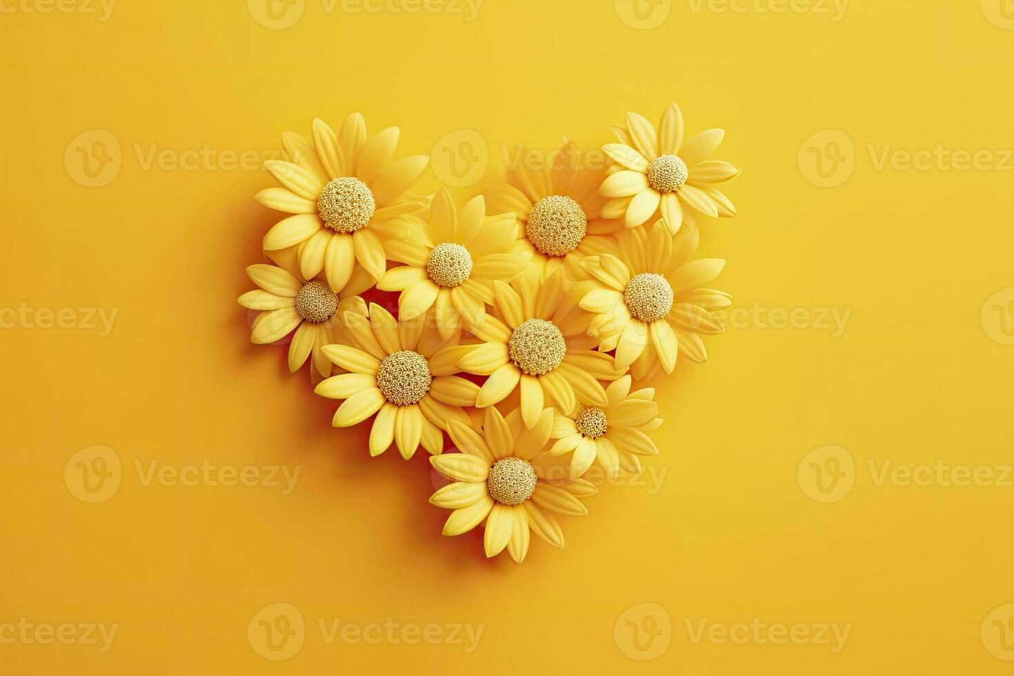 Yellow Heart Shaped By Yellow Daisies Over Yellow Background. AI Generated photo