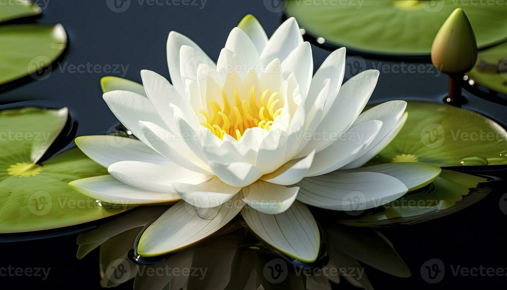 White water lily. White lotus with leaves on dark pond. AI Generated photo