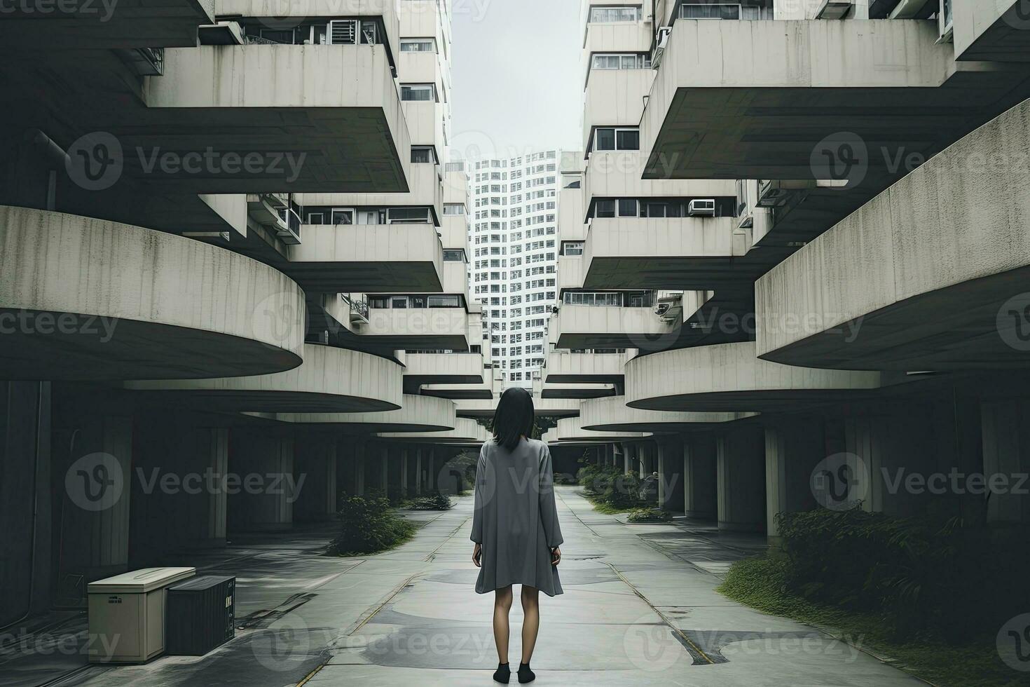 Woman walking in futuristic brutalist city street.  AI Generated. photo