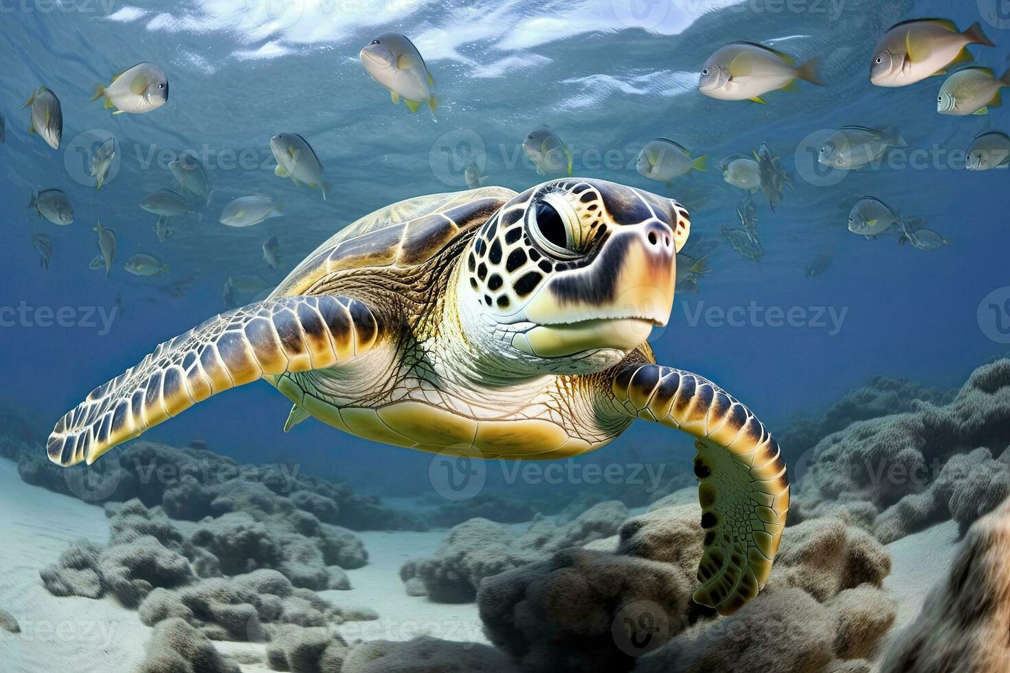 Turtle closeup with school of fish. AI Generated photo