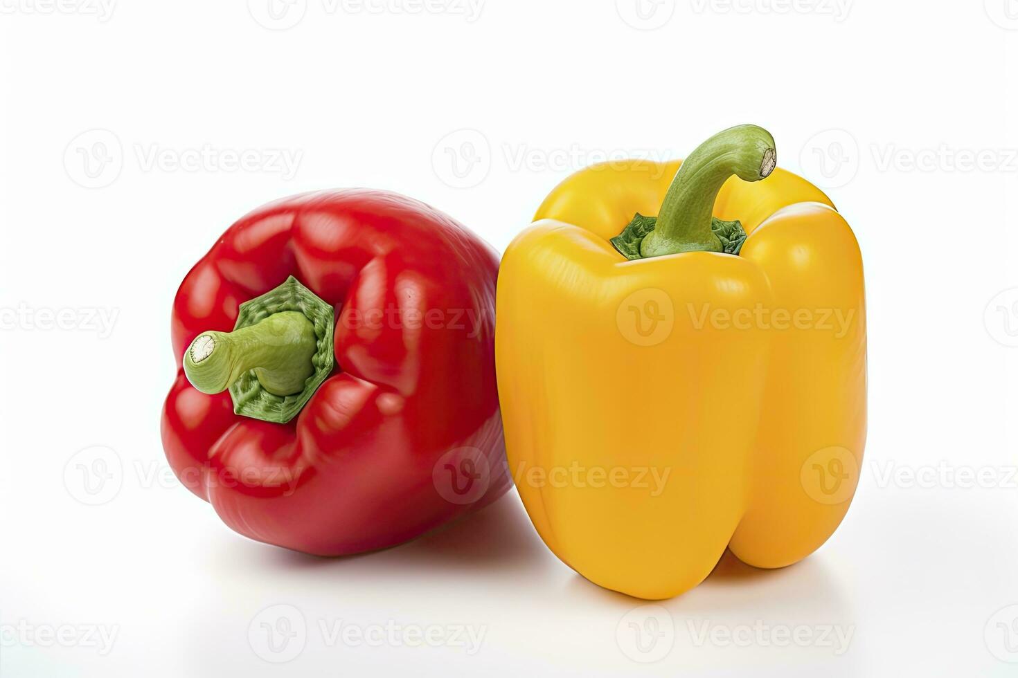 Two bell peppers, a red and a yellow isolated on white background. AI Generated. photo