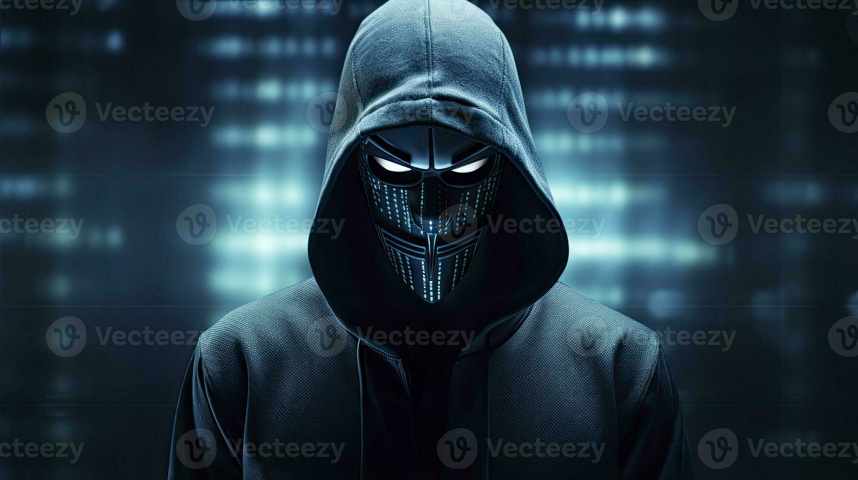 Binary Intrigue. Anonymous robotic hacker. Concept of hacking. AI Generated photo