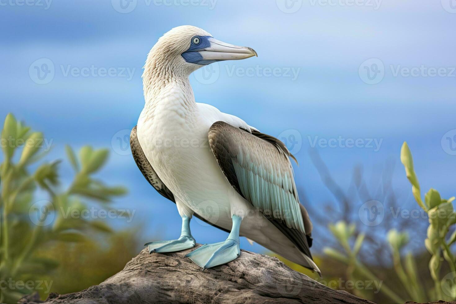 el raro patas azules bobo descansa en el playa. ai generado foto