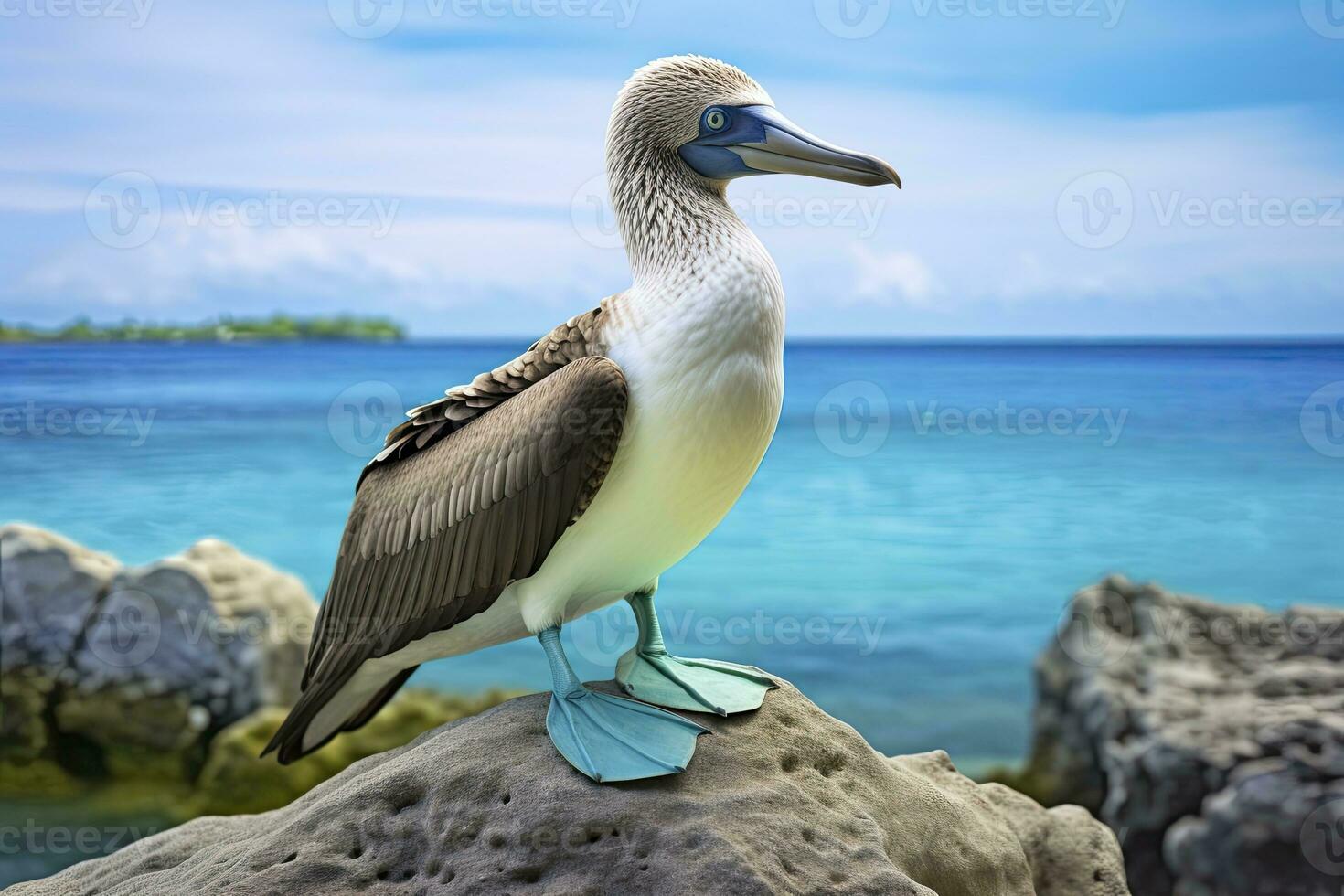 The rare blue-footed booby rests on the beach. AI Generated photo