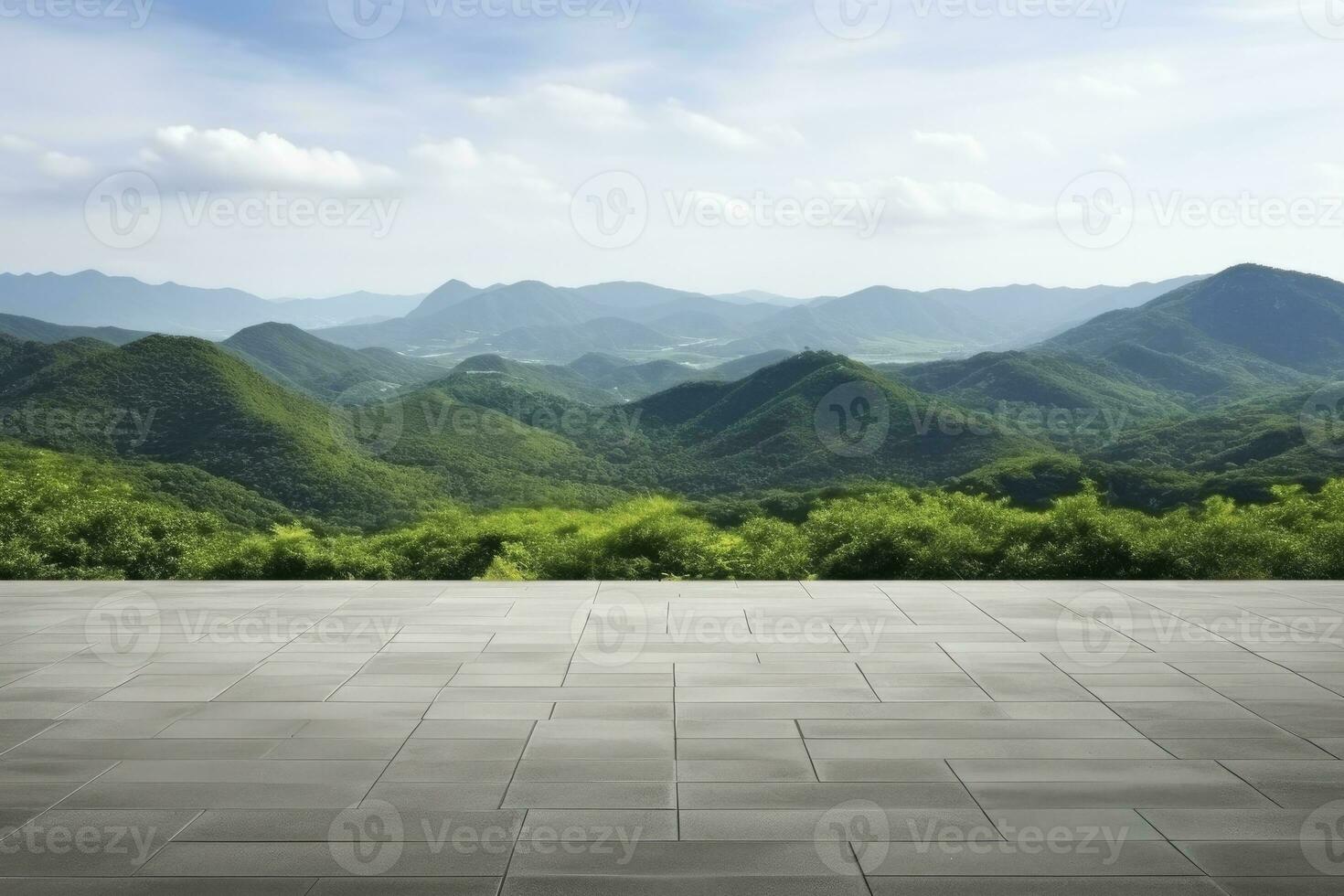 Square floor and green mountain nature landscape. AI Generated. photo