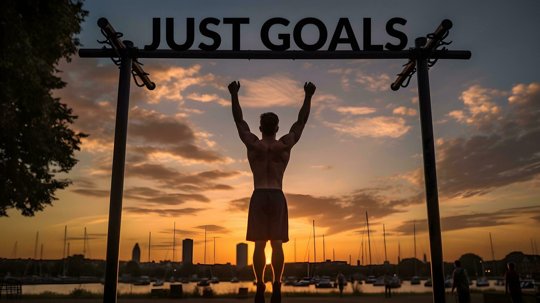 Man Celebrating Under Just Goals Sign at Marina Sunset photo
