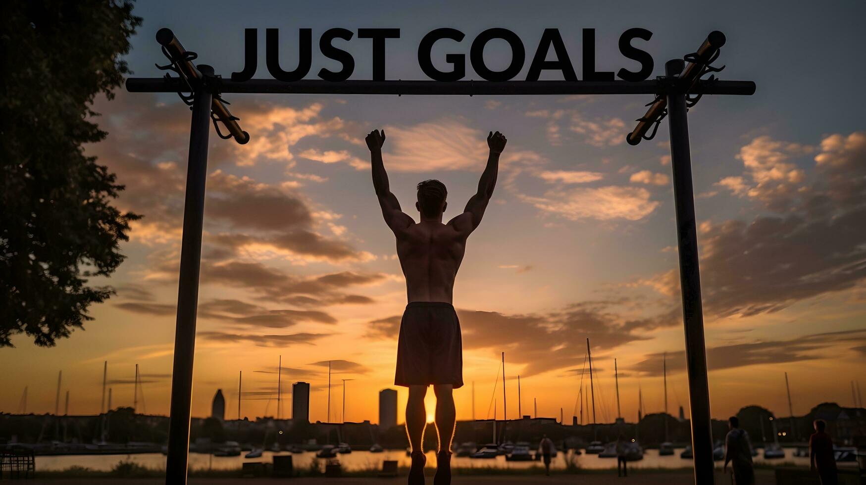 hombre celebrando debajo sólo metas firmar a centro de deportes acuáticos puesta de sol foto