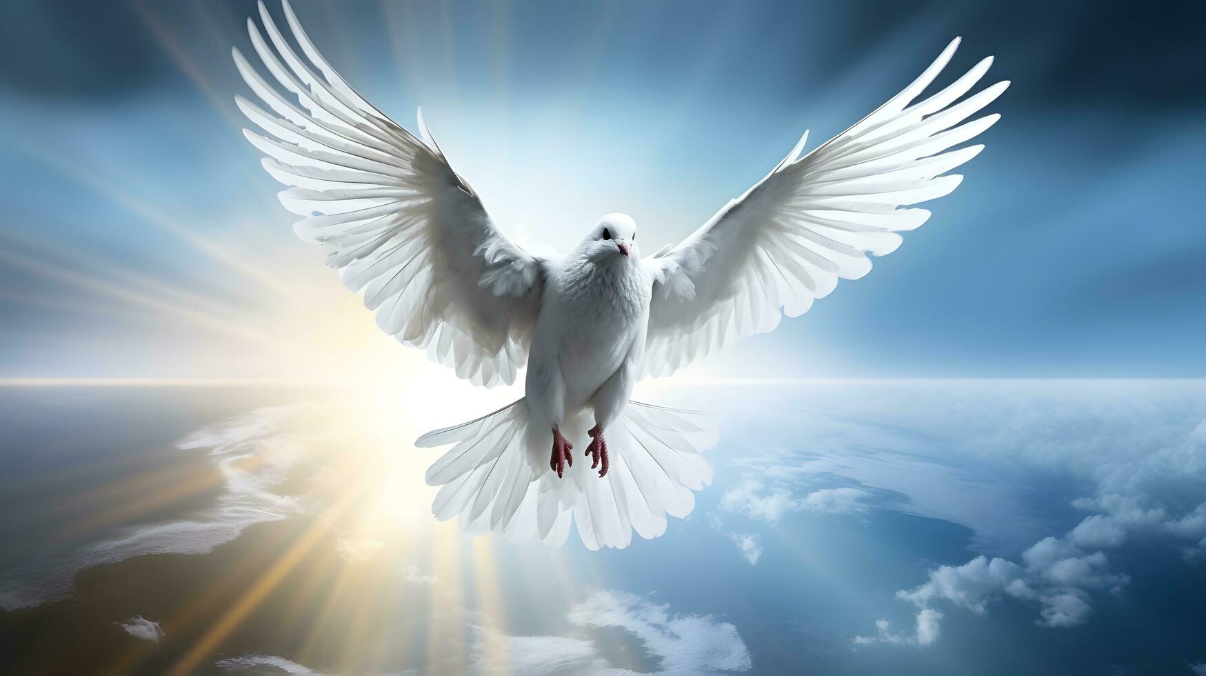 White Dove Spreading Wings Towards Sunlit Sky photo