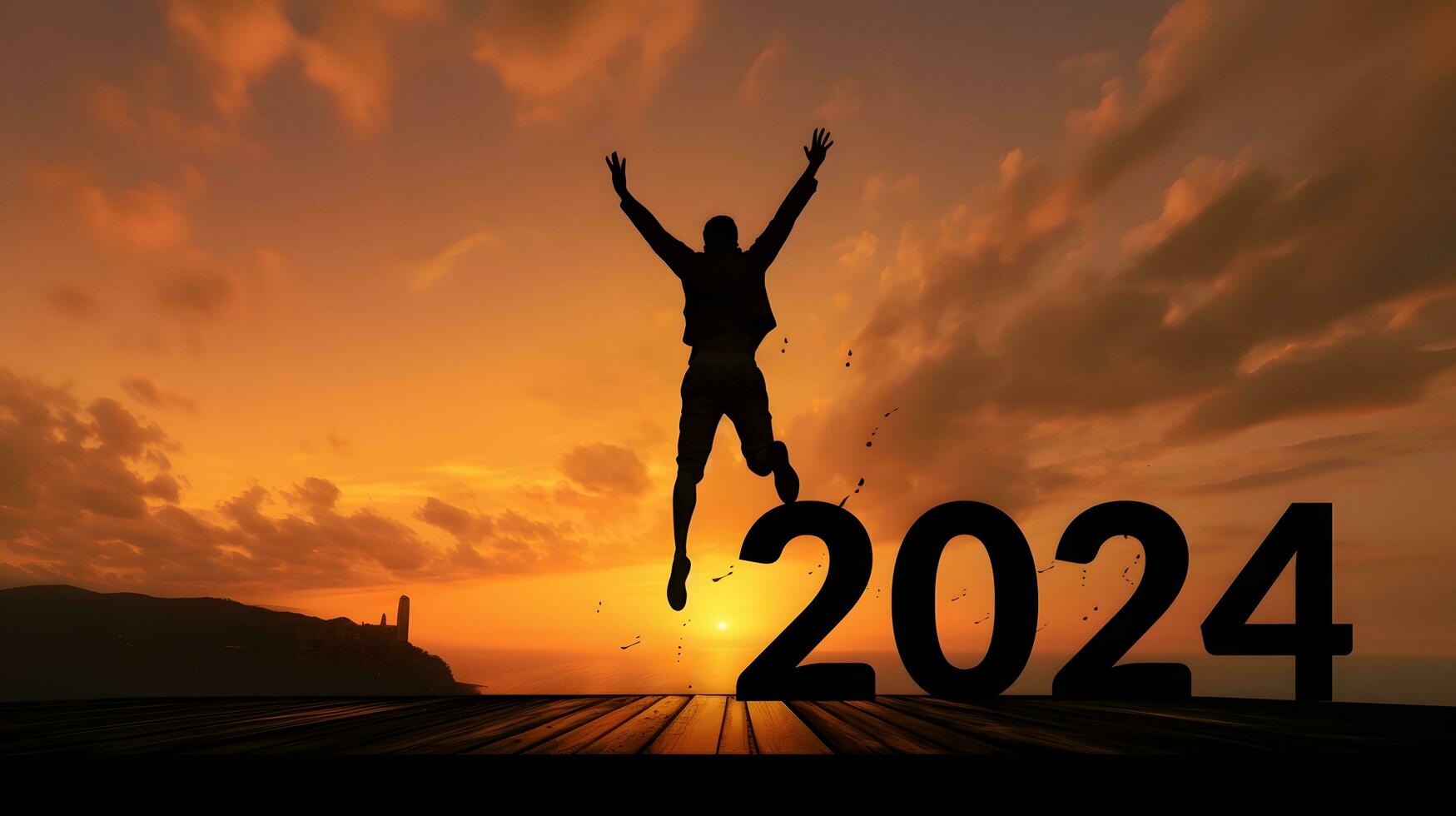 Silhouette of Man Mid-Jump Over 2024 on Wooden Deck photo