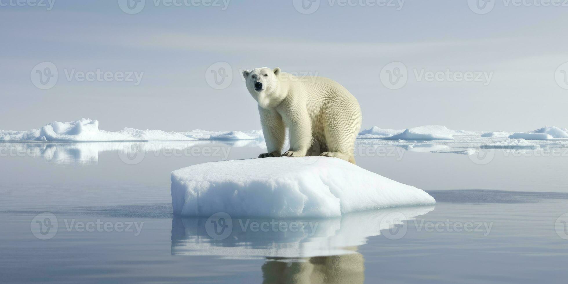 Polar bear on ice floe. Melting iceberg and global warming. AI Generated photo