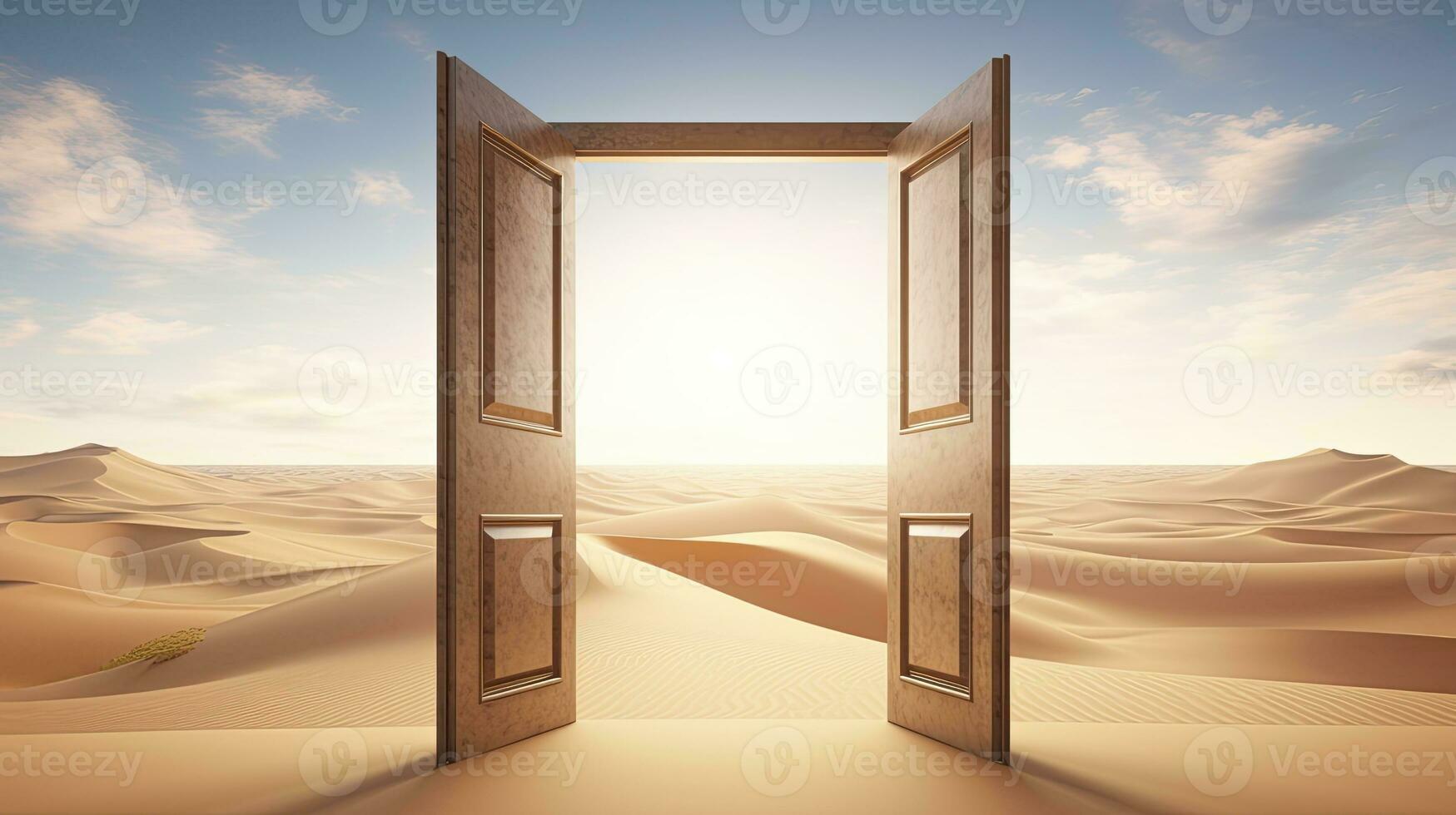 The opened door on the desert. Unknown and start up concept. AI Generated. photo