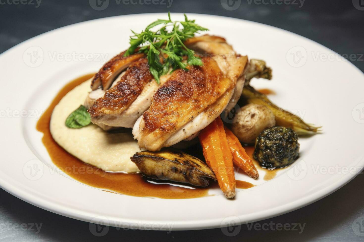 Plated chicken roast dinner on a white plate with carrot and morel mushroom. AI Generated. photo