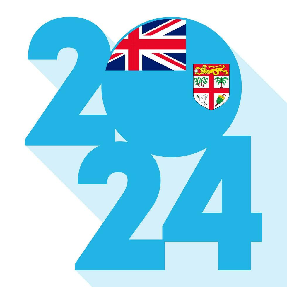 Happy New Year 2024, long shadow banner with Fiji flag inside. Vector illustration.