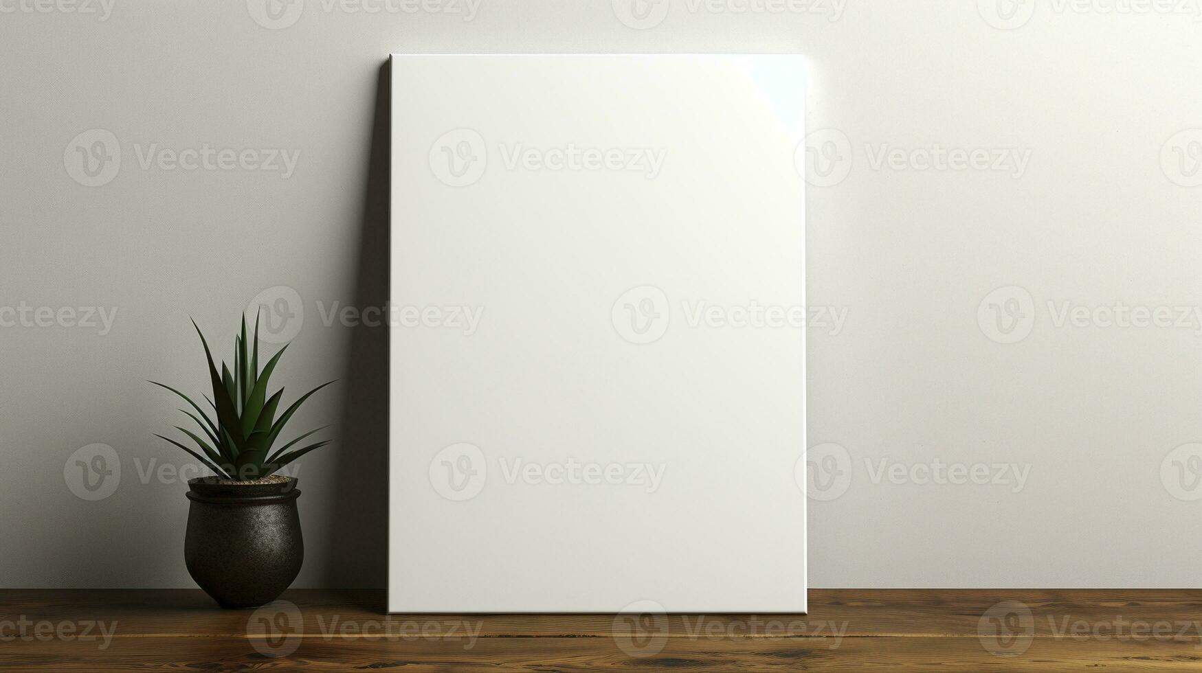 Blank canvas on wooden floor ai generated frame mock up plant interior photo
