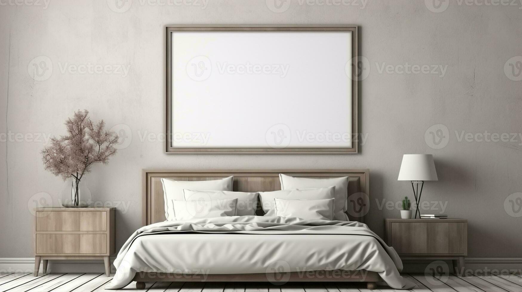 Cozy beige bed decorations ai generated frame mockup bedroom photo