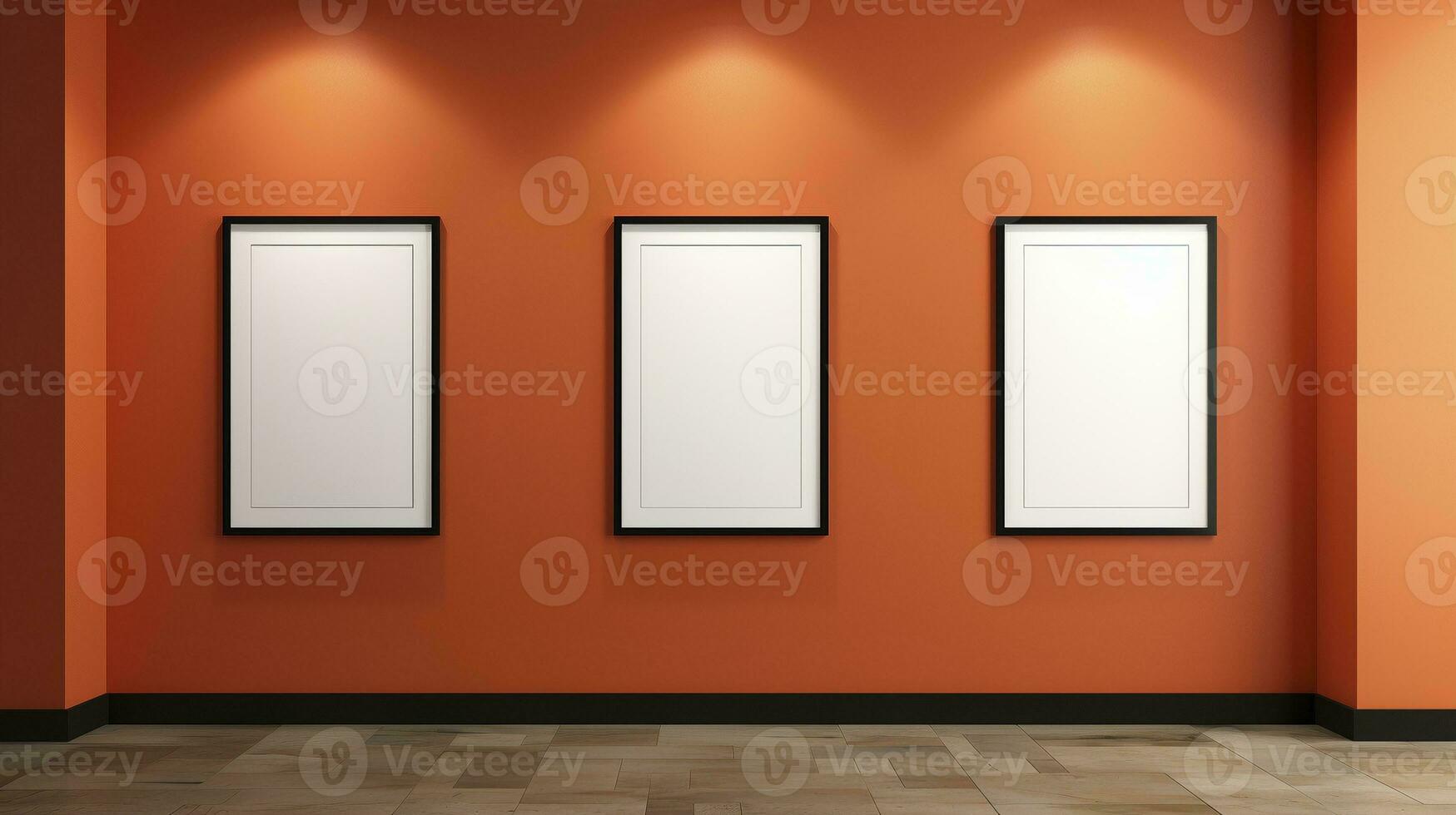 Under spotlight pictureframes on orange wall ai generated frame mockup gallery photo