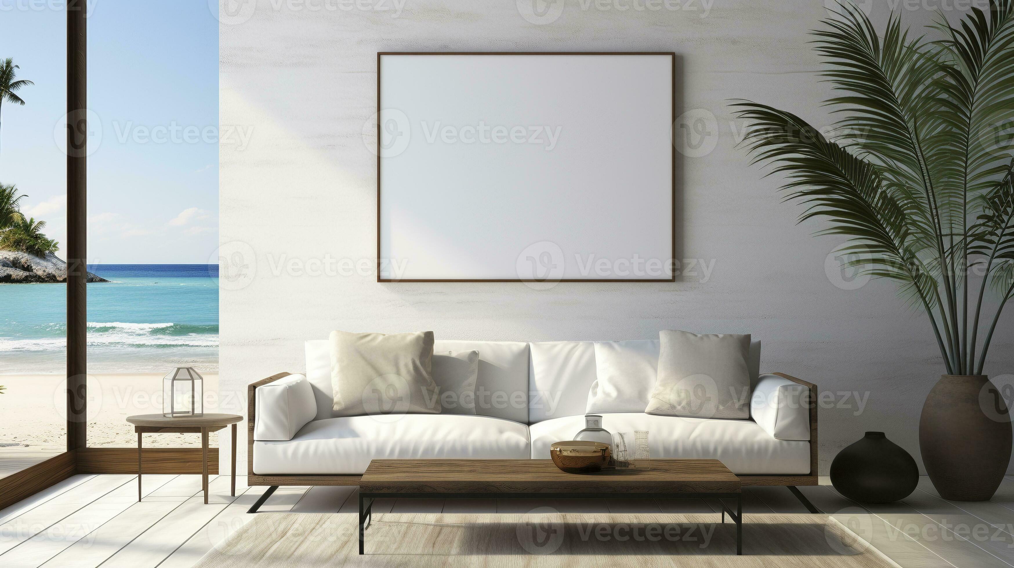 Modern living room ocean view ai generated frame mockup living