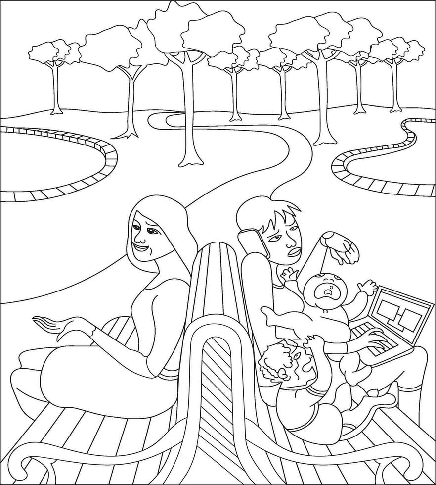 Working mon and without working mom coloring page vector