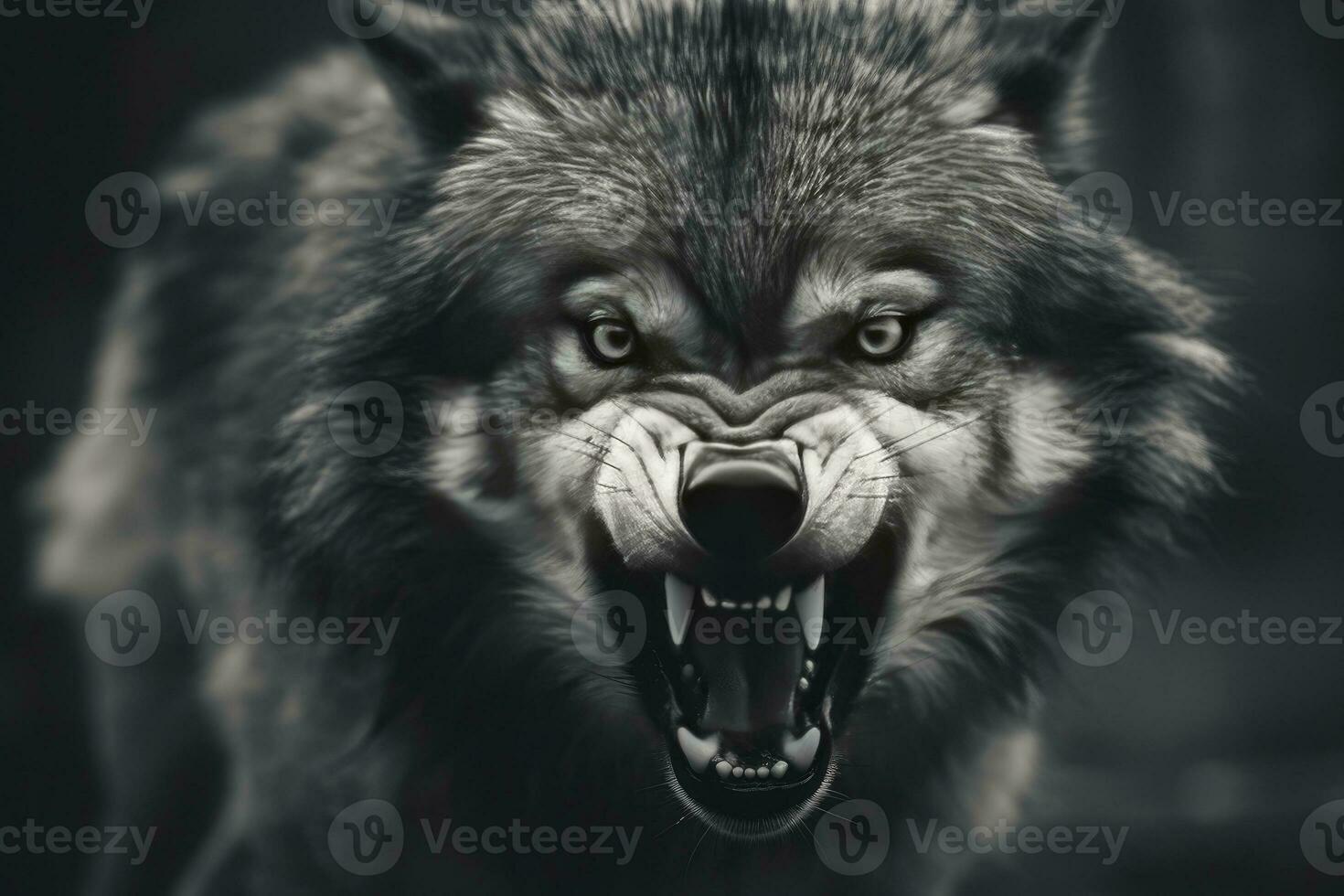 Greyscale closeup shot of an angry wolf with a blurred background. AI Generated photo