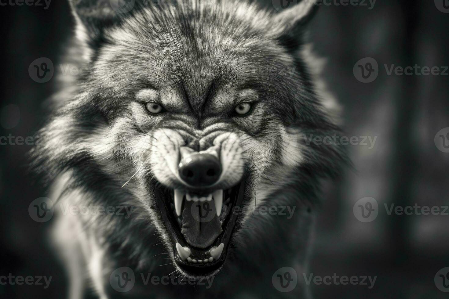 Greyscale closeup shot of an angry wolf with a blurred background. AI Generated photo