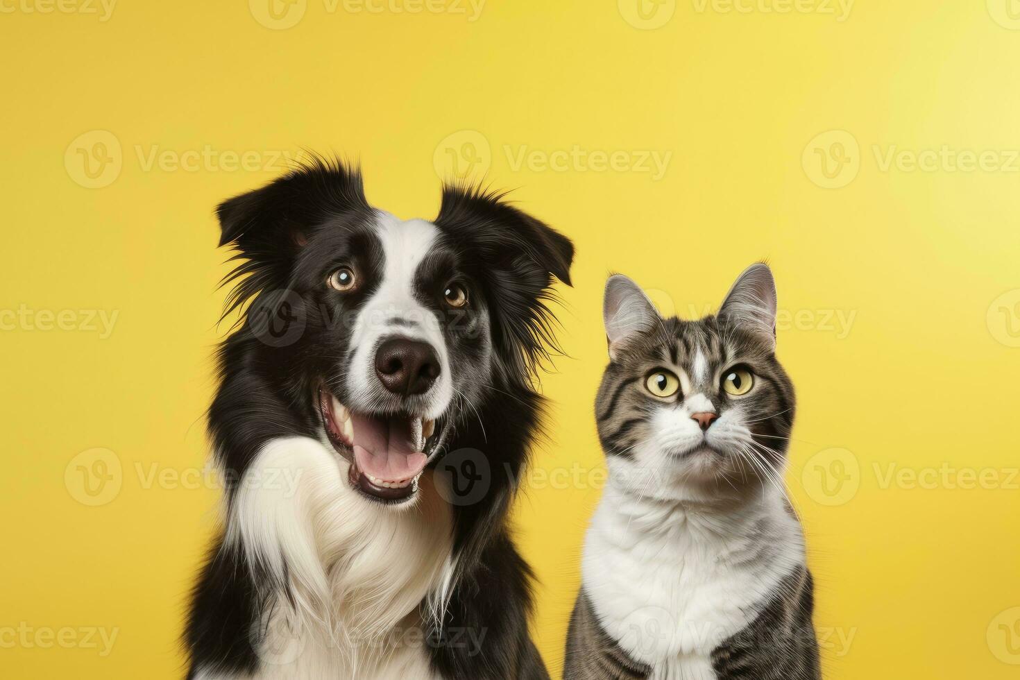 gato y perro juntos con contento expresiones en amarillo antecedentes. ai generado foto