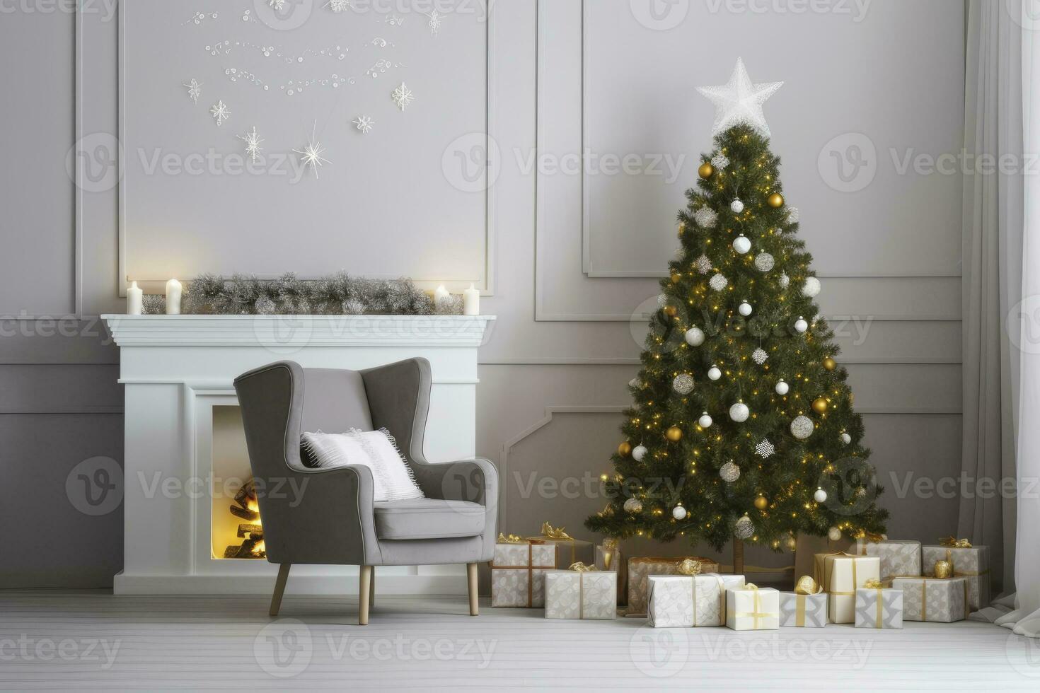 Modern Living Room With Fireplace, Christmas Tree, Gift Boxes And Armchair. AI Generated photo