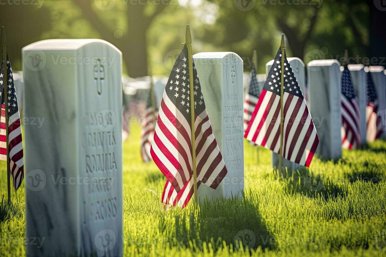 Military Headstones and Gravestones Decorated With Flags for Memorial Day.  AI Generated photo