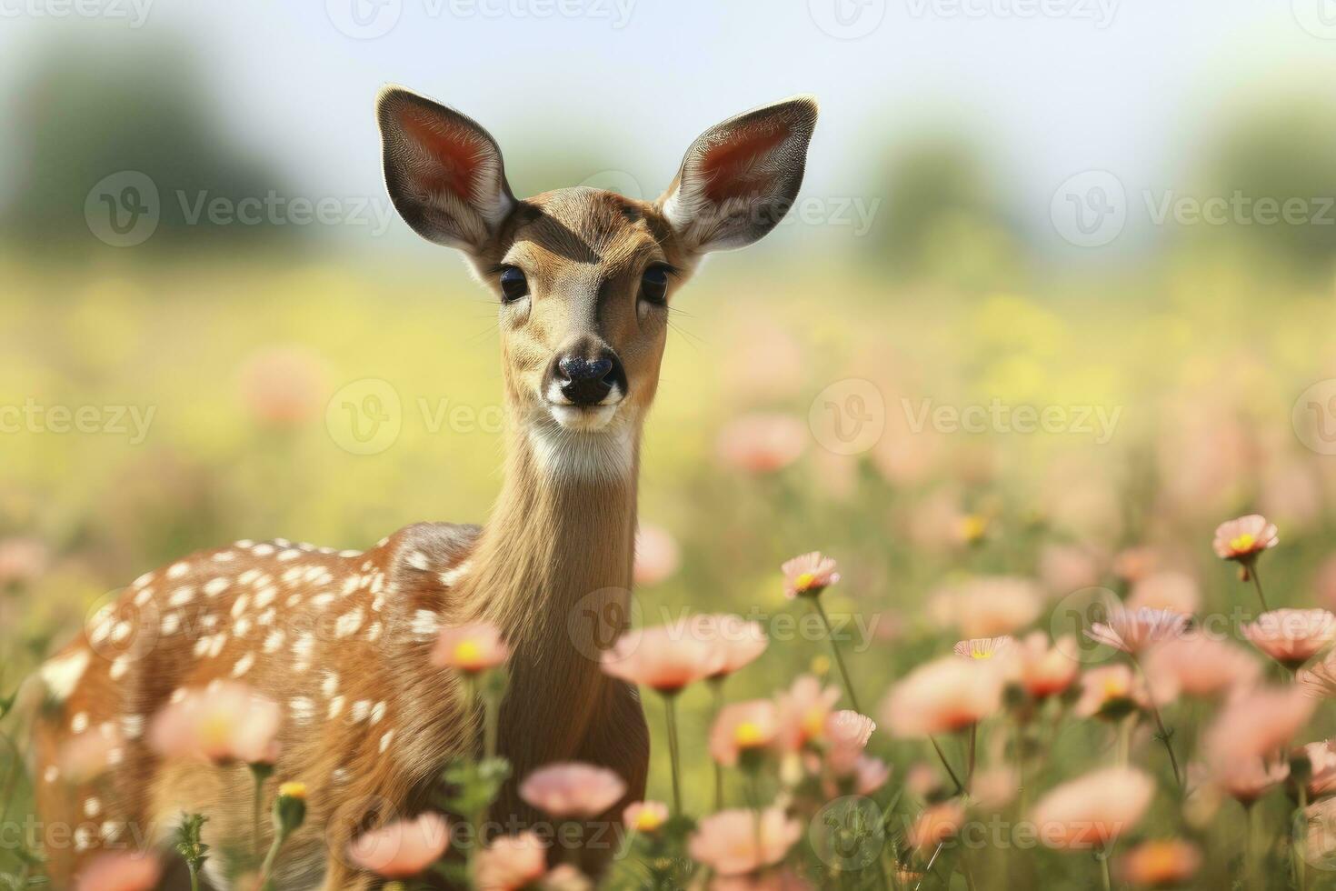 hembra hueva ciervo con hermosa flor. ai generado foto