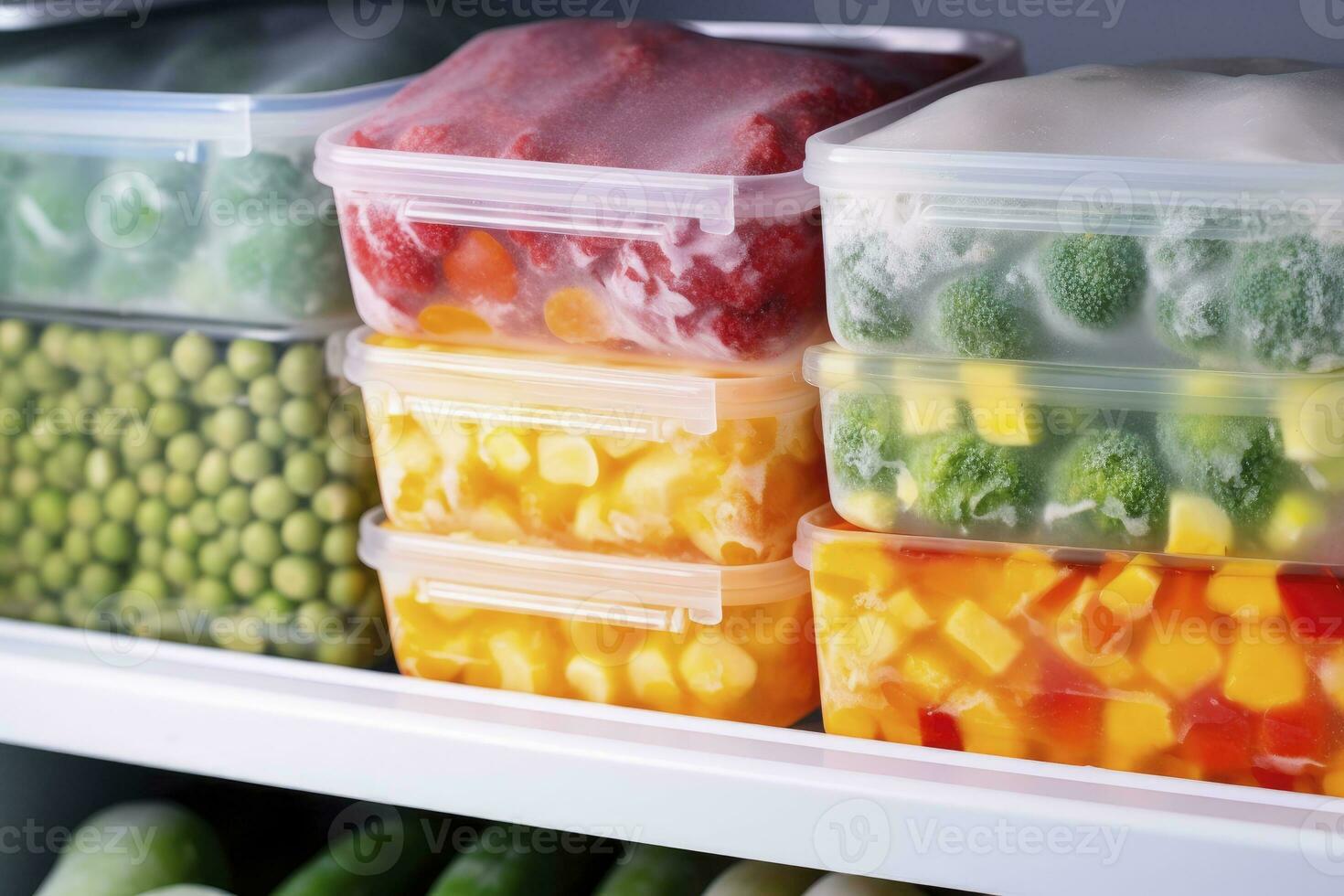 Frozen food in the freezer. Frozen vegetables. AI Generated photo