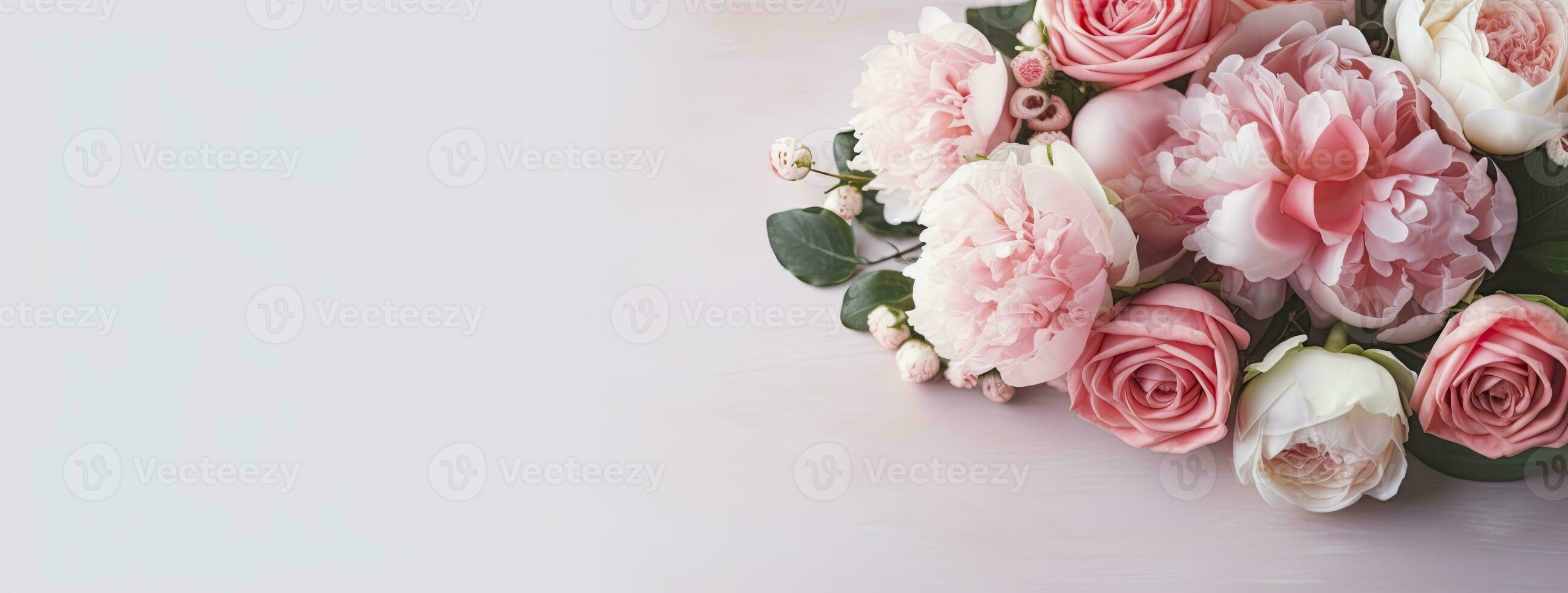 Fresh bunch of pink peonies and roses with copy space. AI Generated photo