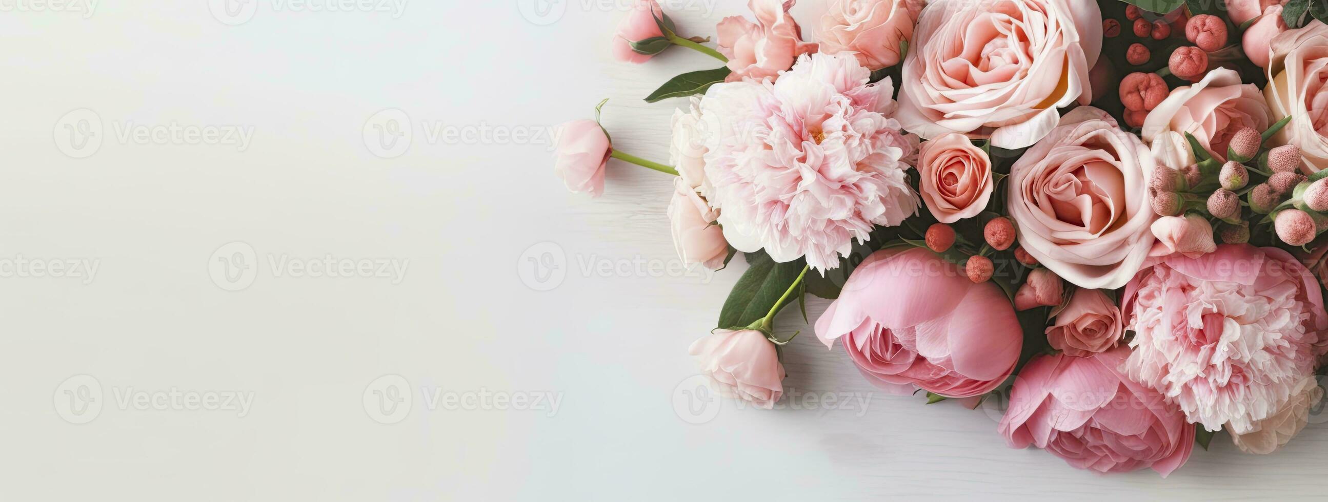 Fresh bunch of pink peonies and roses with copy space. AI Generated photo