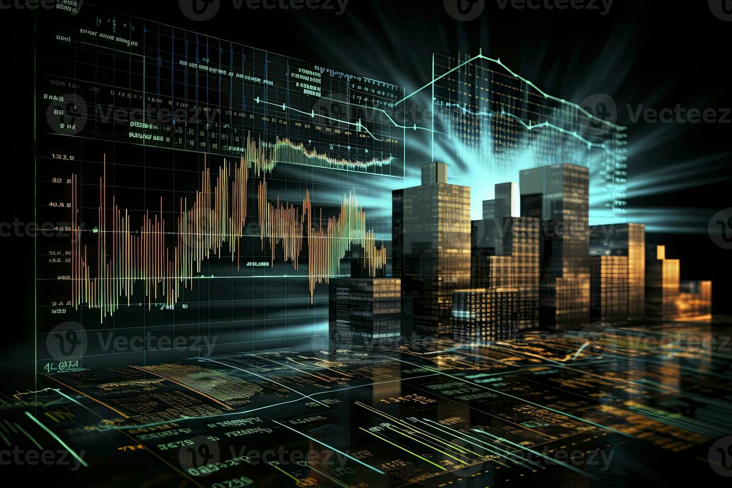 Digitally Generated Currency and Exchange Stock Chart for Finance and Economy Based Computer Software and Coding Display. AI Generated photo