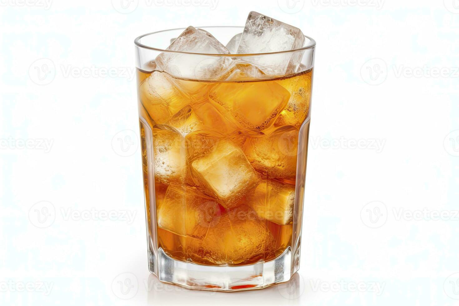 A glass of orange soda water with ice cubes on white background. AI Generated photo