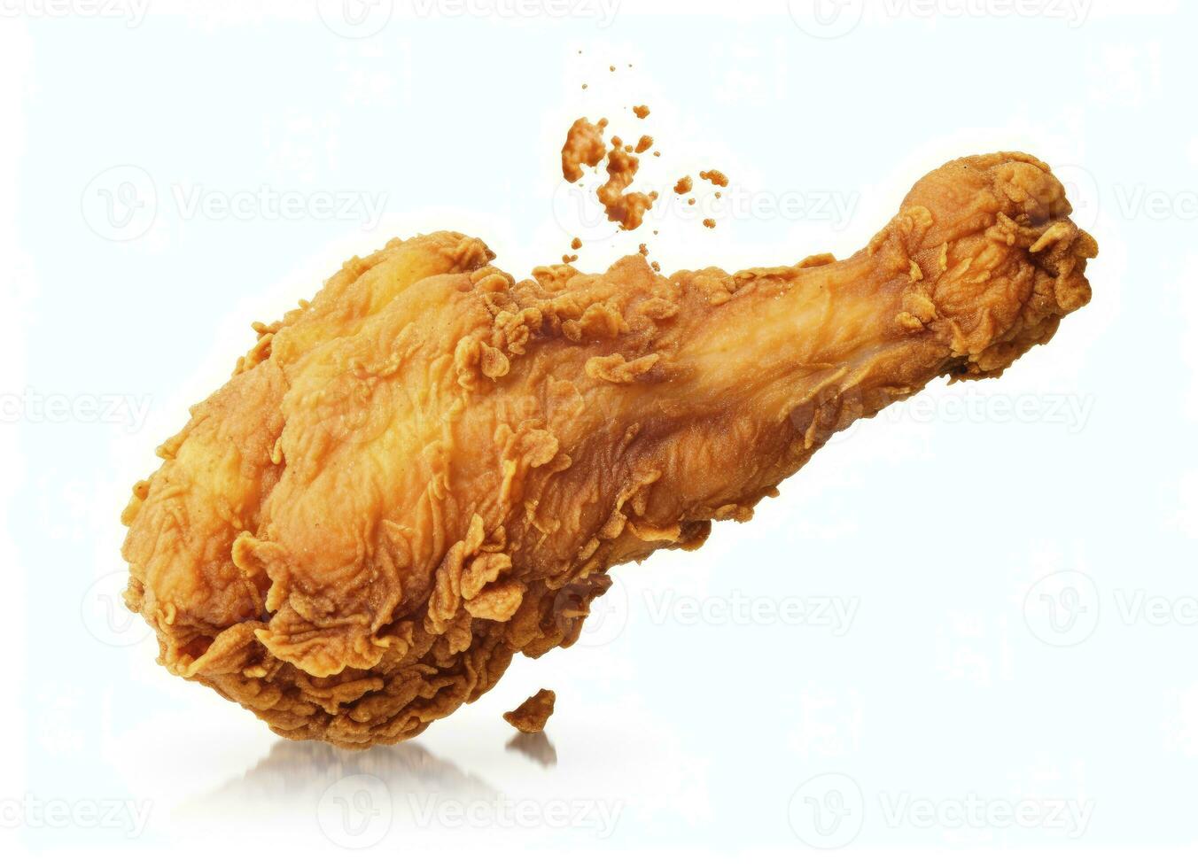 Fried chicken leg falling in the air isolated on a white background. AI Generated. photo