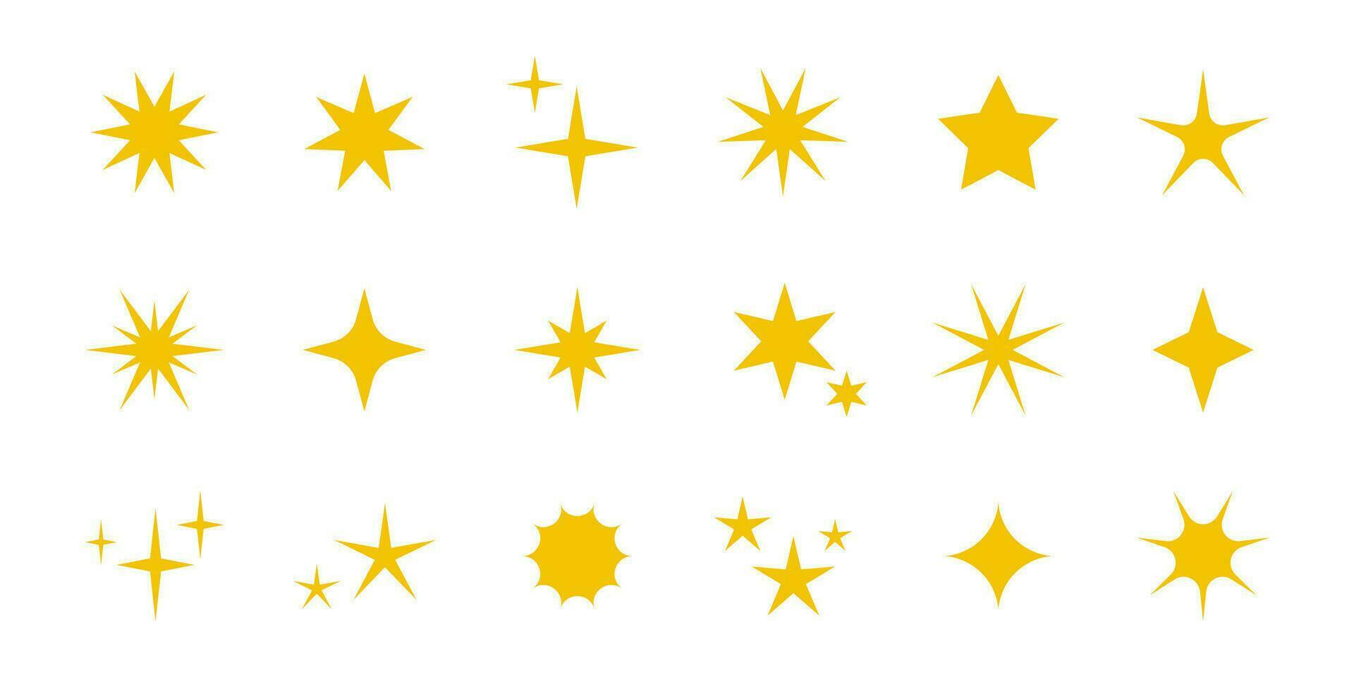 Vector yellow and gold stars sparkles icons. Collection of yellow star signs. Decoration twinkle, shiny flash. Gold glowing light stars and bursts isolated on white.