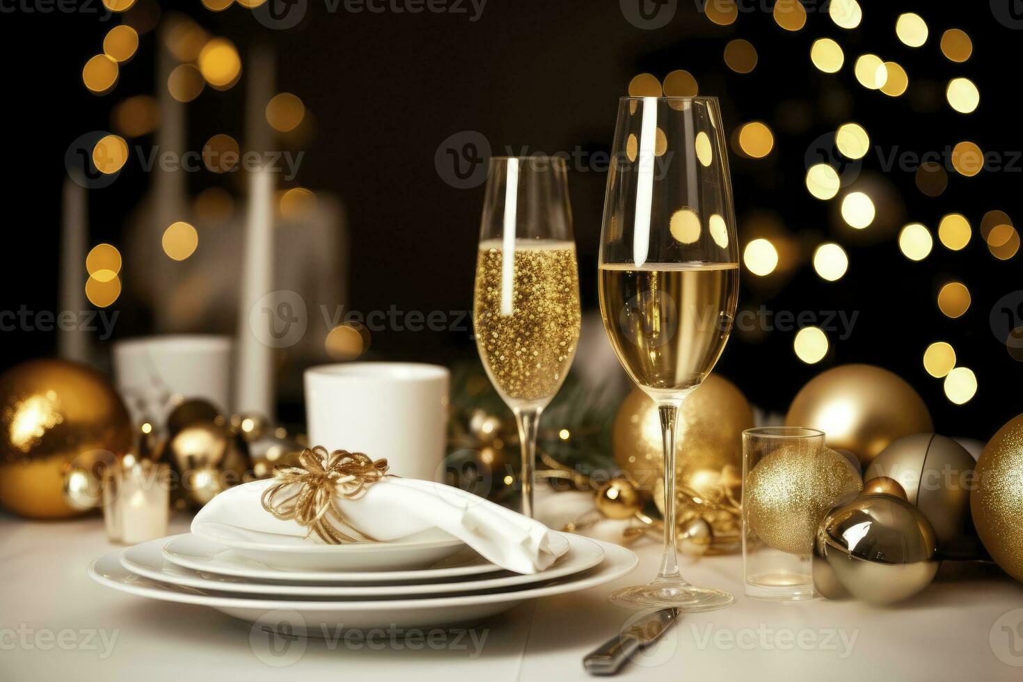 Christmas table setting with holiday decorations in gold color. AI Generated photo