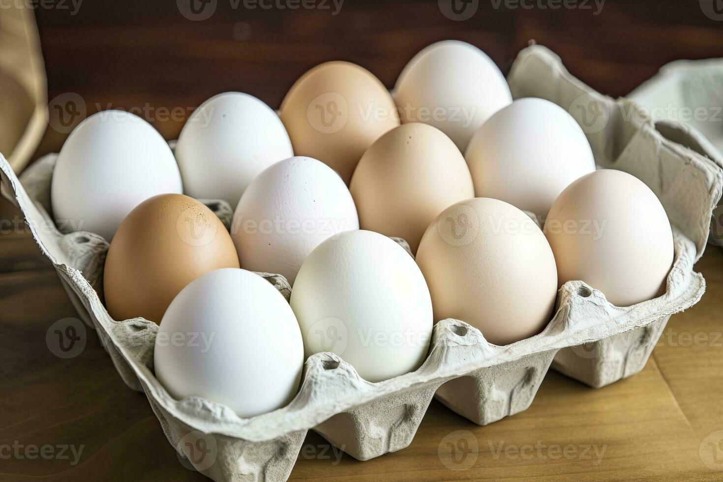 Close up of open carton of fresh store bought white eggs. AI Generated photo